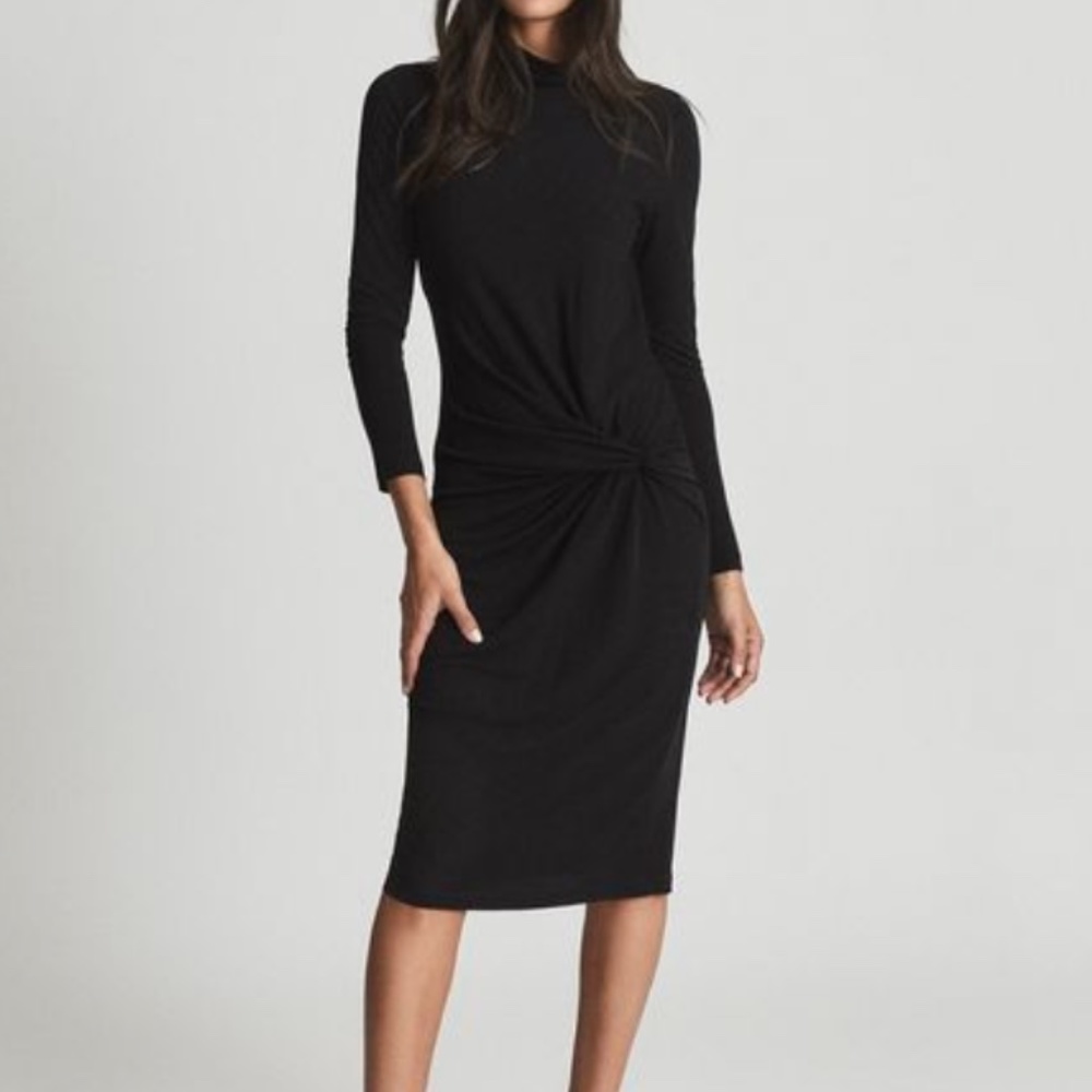 NWT REISS BLACK FREYA TWIST FRONT MIDI BODYCON DRESS - SIZE 8 - Picture 1 of 16